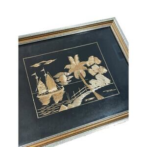 Framed Vintage Asian Straw Art with Sailboats Nautical Island Theme 1950-60s